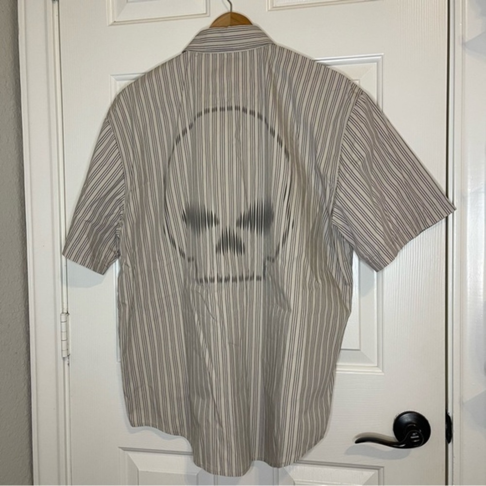 Y2K Harley Davidson Pinstripe Faded Skull Back Hit Button Up Shirt Sz L Biker